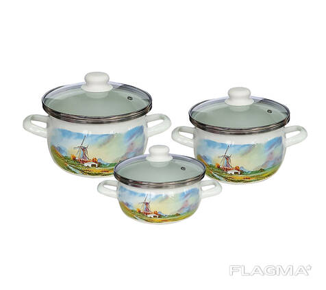 Set of steel enamel pans